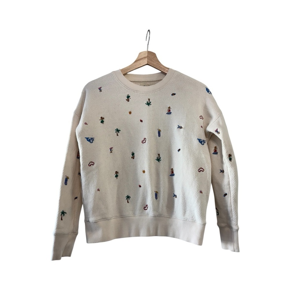 Madewell Embroidered Tropical Beach Vacation Motif Cream Sweatshirt Cotton XXS - Picture 2 of 10